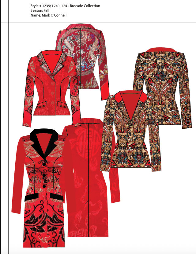 Brocade Collection, Styles #1239–1241. Technical flats explore a coordinated group of tailored garments through richly patterned brocade imagery, using the controlled architecture of the jacket and coat as a framework for dramatic surface placement. Differences in scale, colour, and motif transform related silhouettes into distinct collection pieces, illustrating how digital technical drawing can support textile experimentation while preserving the structural logic of each garment. Designer: Dr. Mark Joseph O’Connell.