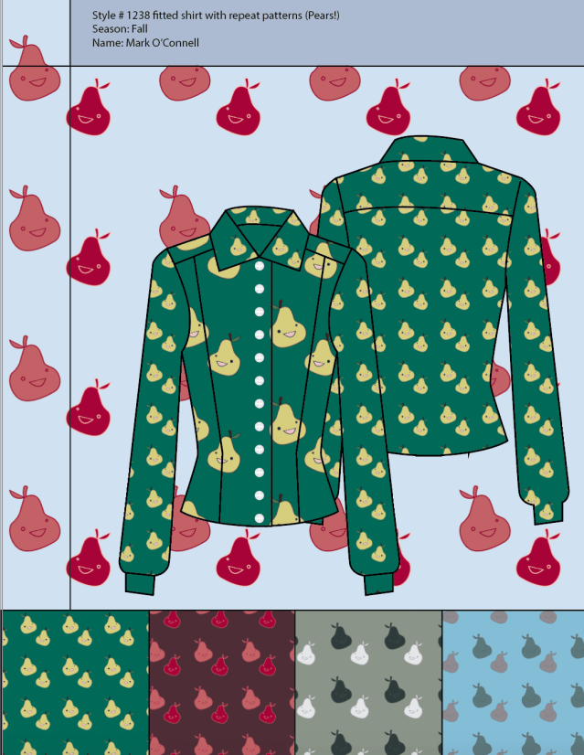 Fitted shirt with repeat pattern, Style #1238. Front and back technical flats demonstrate the application of a repeating pear motif across a fitted shirt, accompanied by alternate colourways that extend the print into a small coordinated textile family. The drawing shows how Fashion CAD can connect garment development with surface design, allowing scale, placement, and colour to be evaluated directly on the silhouette before production. Designer: Dr. Mark Joseph O’Connell.