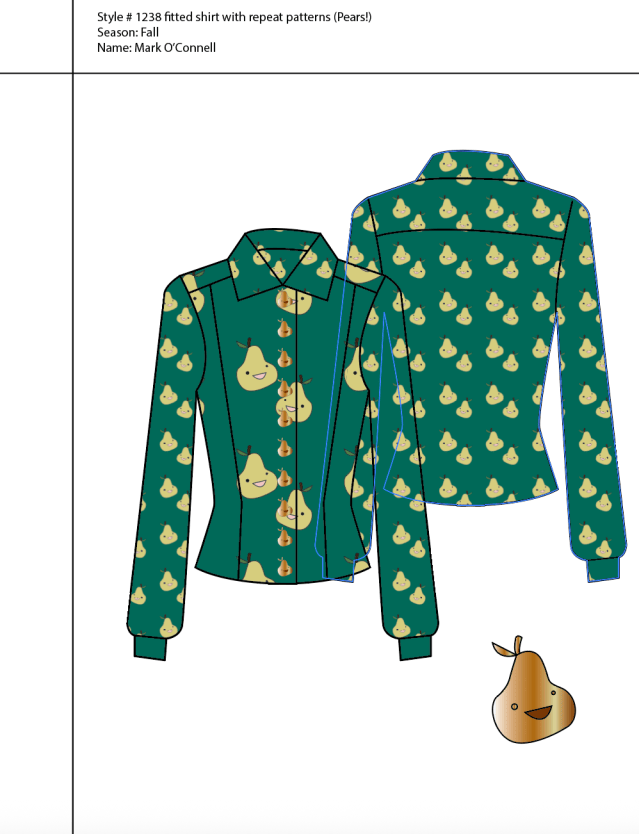 Fitted shirt with repeat pattern, Style #1238. Front and back technical flats demonstrate the application of a repeating pear motif across a fitted shirt, accompanied by alternate colourways that extend the print into a small coordinated textile family. The drawing shows how Fashion CAD can connect garment development with surface design, allowing scale, placement, and colour to be evaluated directly on the silhouette before production. Designer: Dr. Mark Joseph O’Connell.