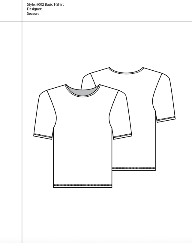 Front and back technical flats reduce the T-shirt to a disciplined vocabulary of contour, seam, neckline, sleeve, and hem, demonstrating the clarity expected of a foundational garment drawing. The restrained use of line weight and stitch notation allows construction information to remain immediately readable, making the image an effective reference for subsequent design development. Designer: Dr. Mark Joseph O’Connell.