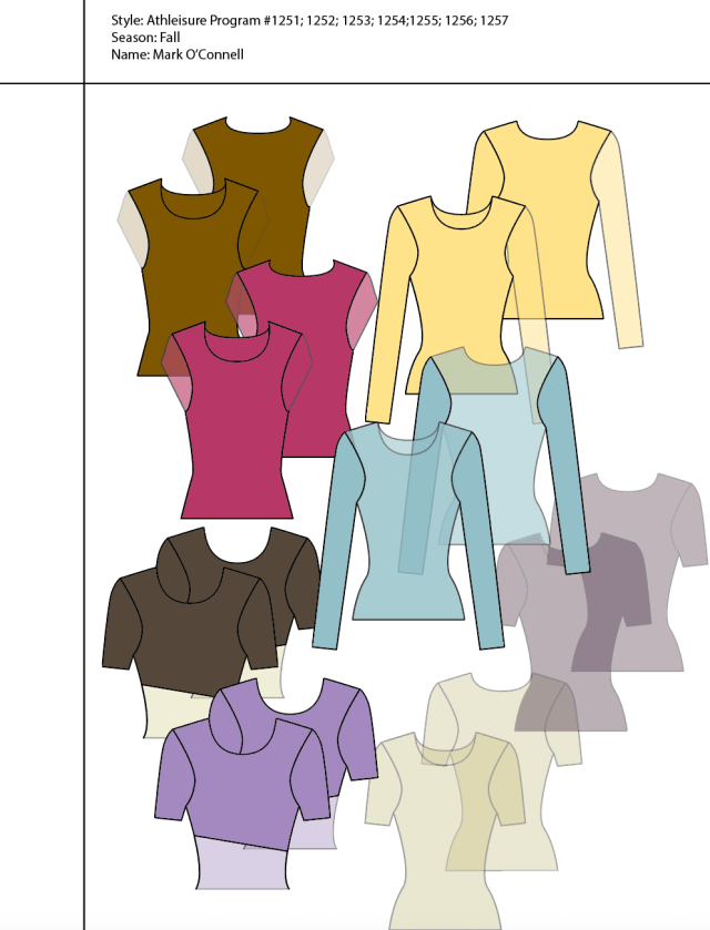 Athleisure Program, Styles #1251–1257. A family of fitted knit tops is developed through variations in sleeve length, neckline, proportion, and colour, demonstrating how a shared technical block can generate a coordinated design program. Layered transparency allows the related silhouettes to remain visible simultaneously, revealing the subtle shifts in proportion that distinguish individual styles while preserving the visual identity of the collection. Designer: Dr. Mark Joseph O’Connell.
