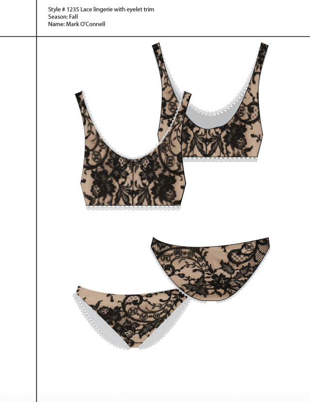 Lace lingerie with eyelet trim, Style #1235. Digital technical flats present front and back views of a lingerie set, using photographic lace imagery within the garment shapes to communicate the relationship between silhouette, surface pattern, and decorative trim. The drawing demonstrates how Fashion CAD can move beyond line alone, allowing textile character to become part of the technical presentation while the construction of each piece remains clearly legible.
